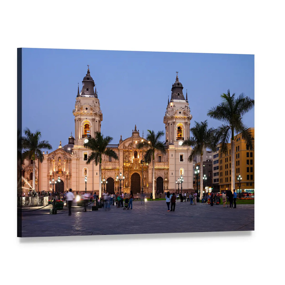 Basilica Cathedral of Lima at Twilight Canvas Wall Art, single panel gallery wrapped canvas, angled product view