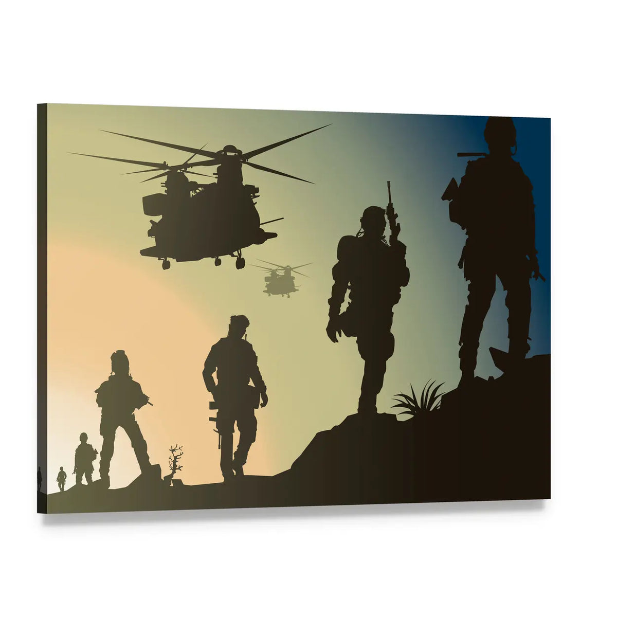 Soldiers and Twin Helicopters at Dusk Canvas Wall Art, single panel gallery wrapped canvas, angled product view