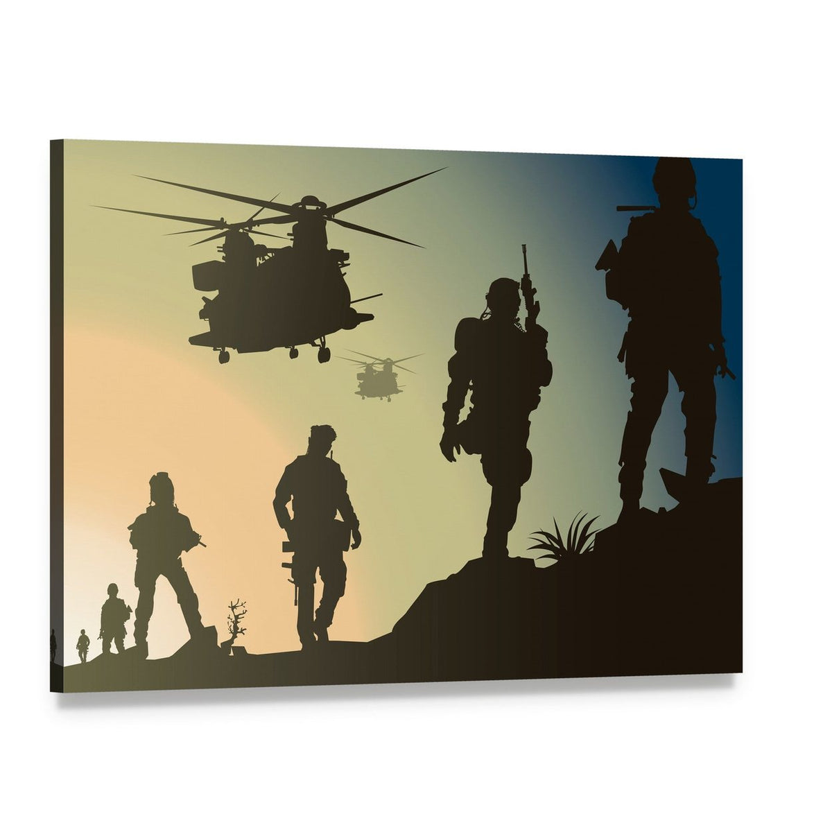 Army Soldiers with Three Helicopters at Dusk Canvas Wall Art, single panel gallery wrapped canvas, angled product view
