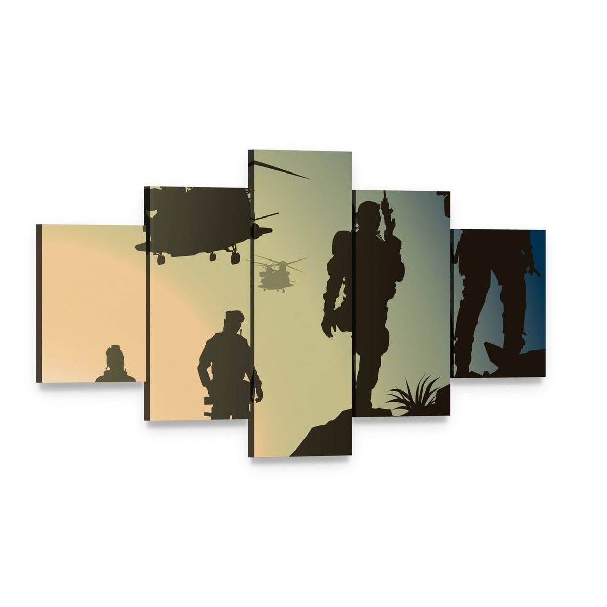 Army Soldiers with Three Helicopters at Dusk Canvas Wall Art, 5 panel 5 Star layout gallery wrapped canvas set, angled product view