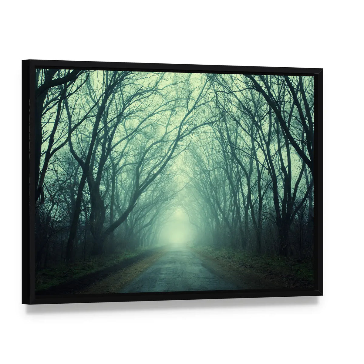 Mysterious Path In Dark Autumn Forest Canvas Wall Art, framed canvas in a black floater frame, angled product view