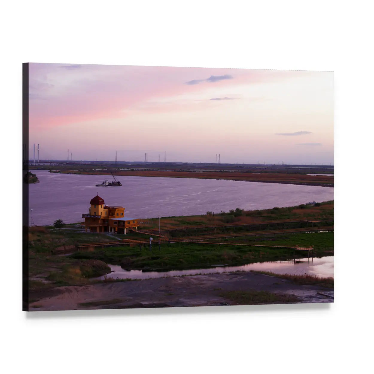 Riverside Shipyard at Sunset Canvas Wall Art, single panel gallery wrapped canvas, angled product view