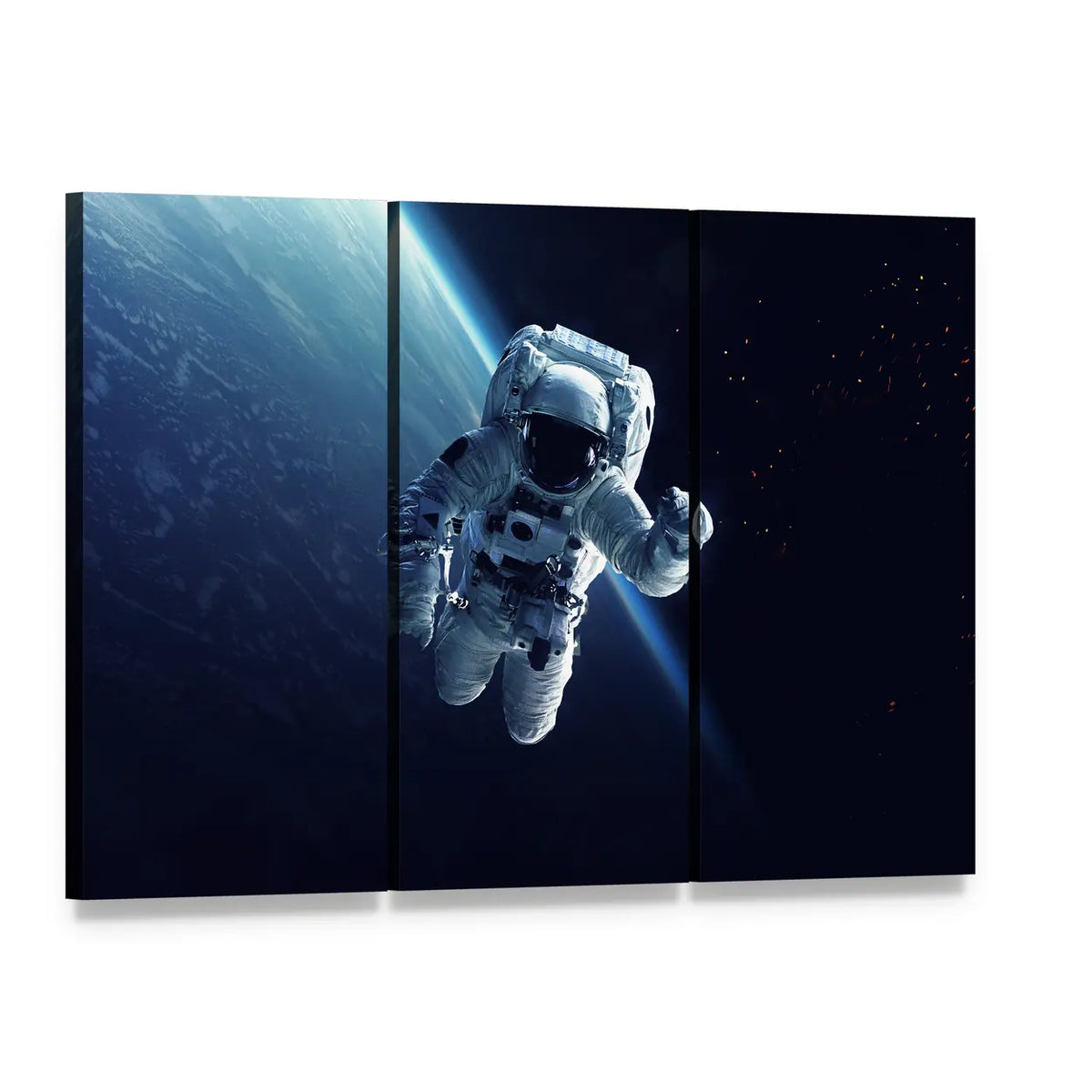 Astronaut in Space Canvas Wall Art, 3 panel 3 Horizontal layout gallery wrapped canvas set, angled product view
