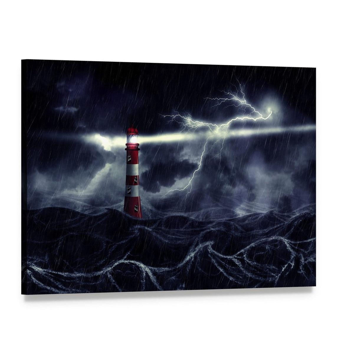 Lighthouse Amid Stormy Sea Canvas Wall Art, single panel gallery wrapped canvas, angled product view