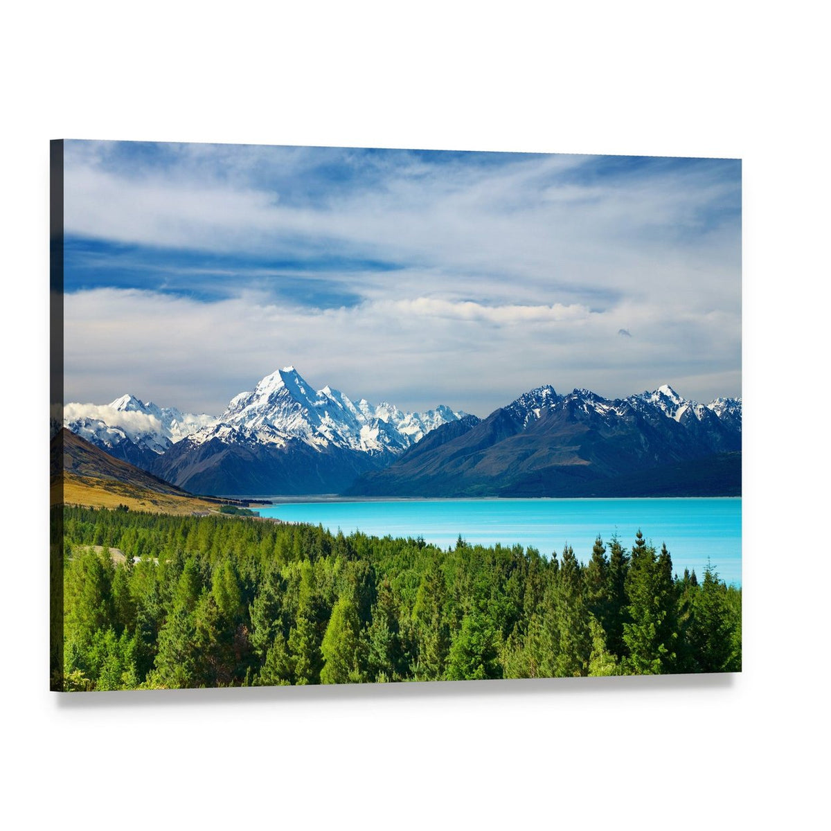 Mount Cook and Pukaki Lake Canvas Wall Art, single panel gallery wrapped canvas, angled product view