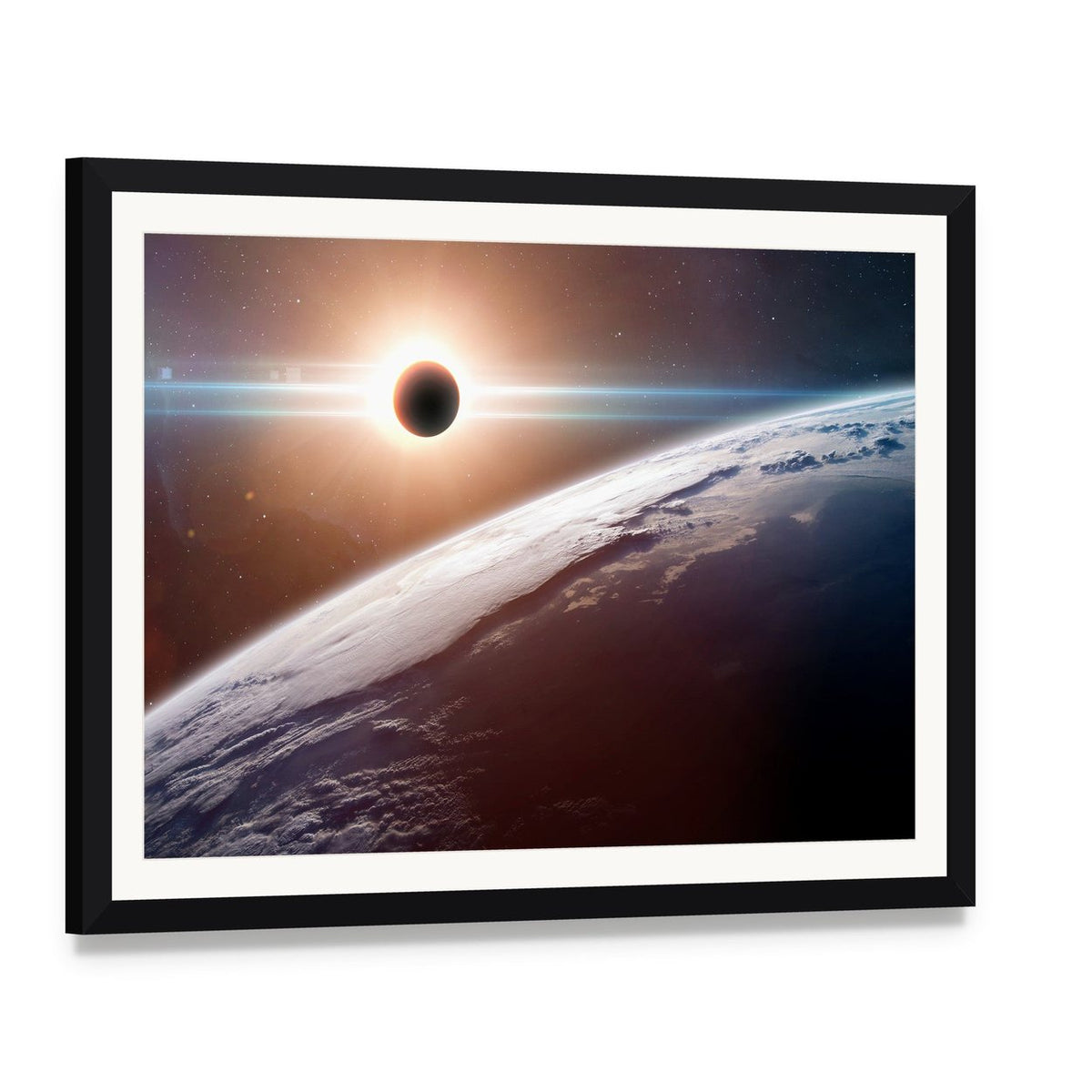 Moon Blocking Sunlight on Planet Earth Canvas Wall Art, framed print with white mat and black frame, angled product view