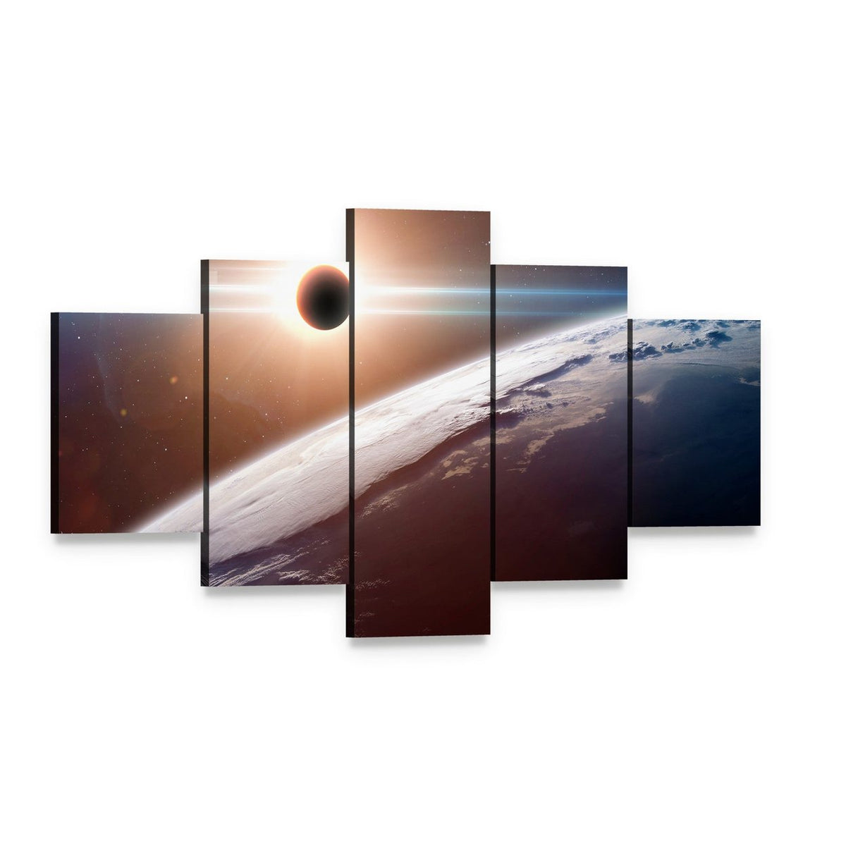 Moon Blocking Sunlight on Planet Earth Canvas Wall Art, 5 panel 5 Star layout gallery wrapped canvas set, angled product view