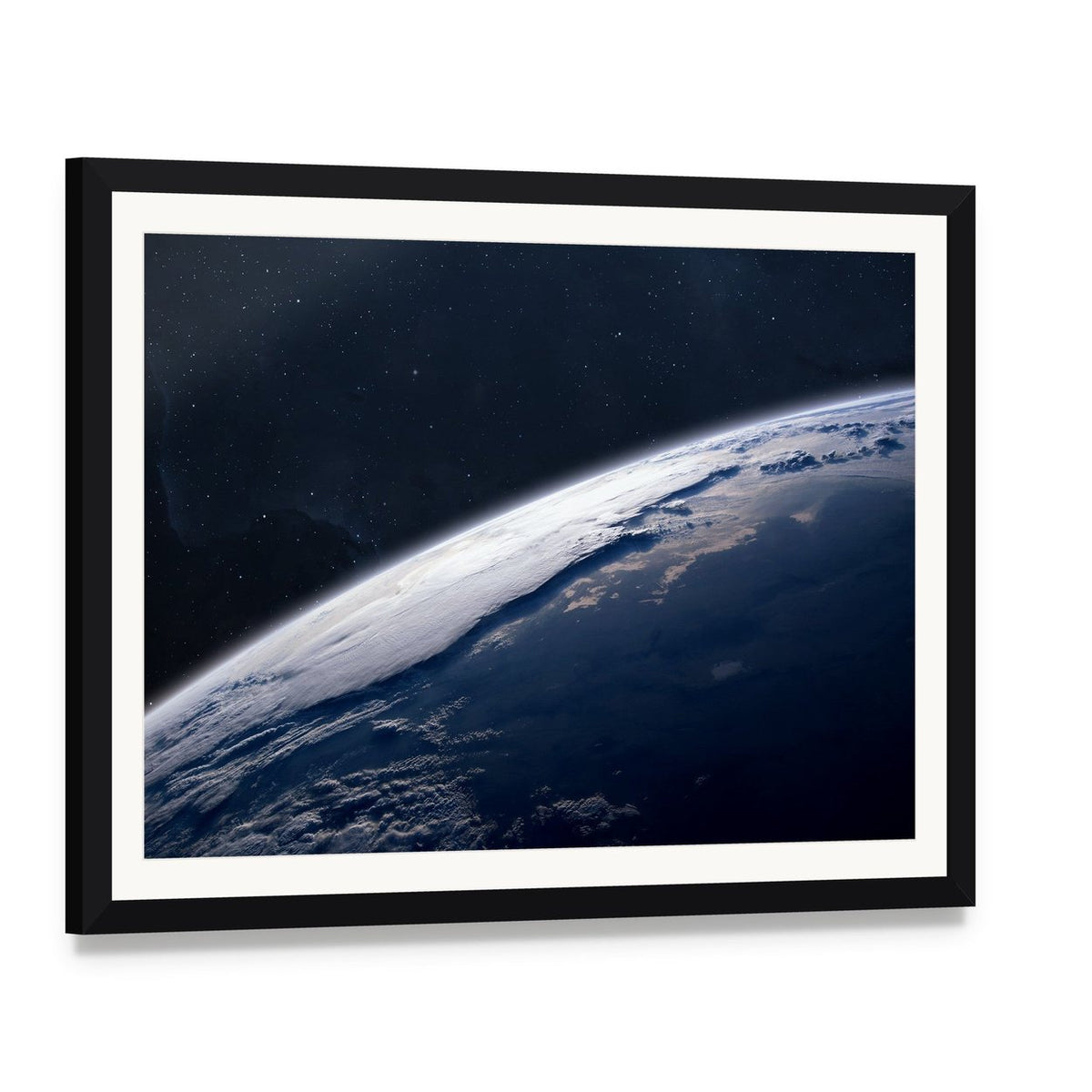 View of Earth from Space Canvas Wall Art, framed print with white mat and black frame, angled product view