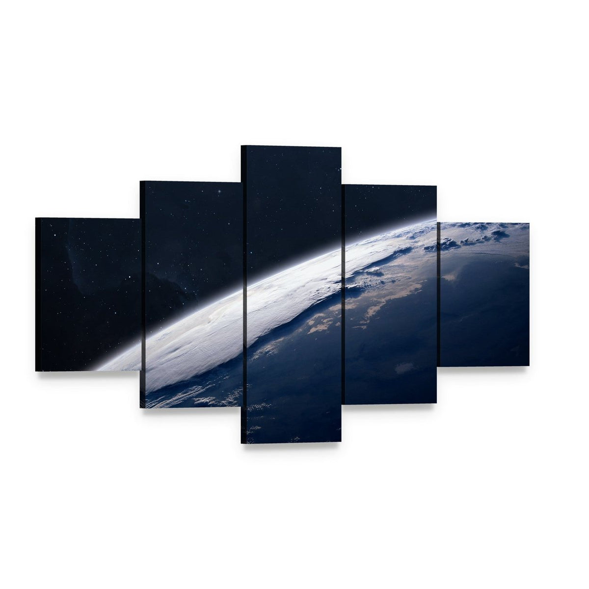 View of Earth from Space Canvas Wall Art, 5 panel 5 Star layout gallery wrapped canvas set, angled product view
