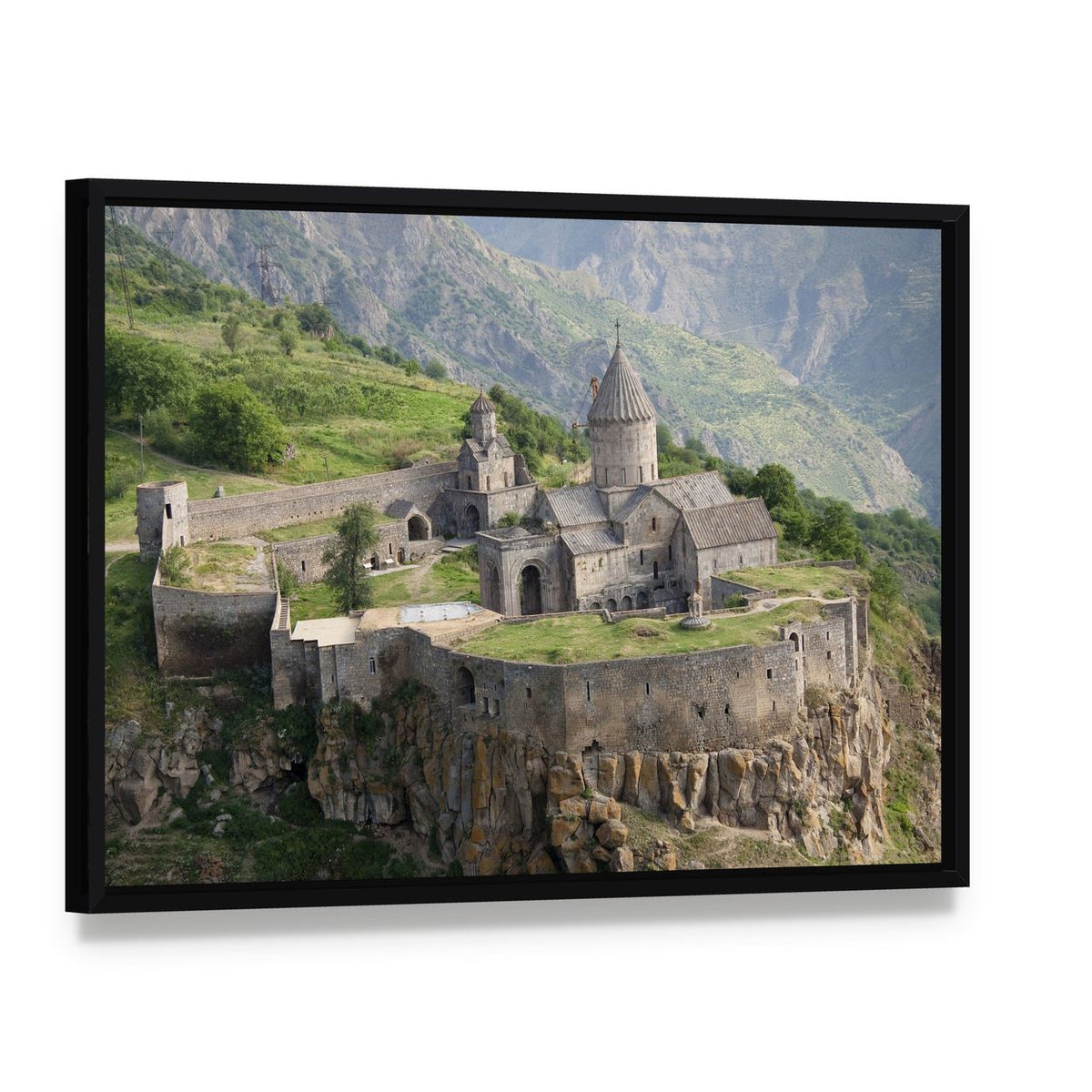 Tatev Monastery on Steep Cliffs Canvas Wall Art, framed canvas in a black floater frame, angled product view