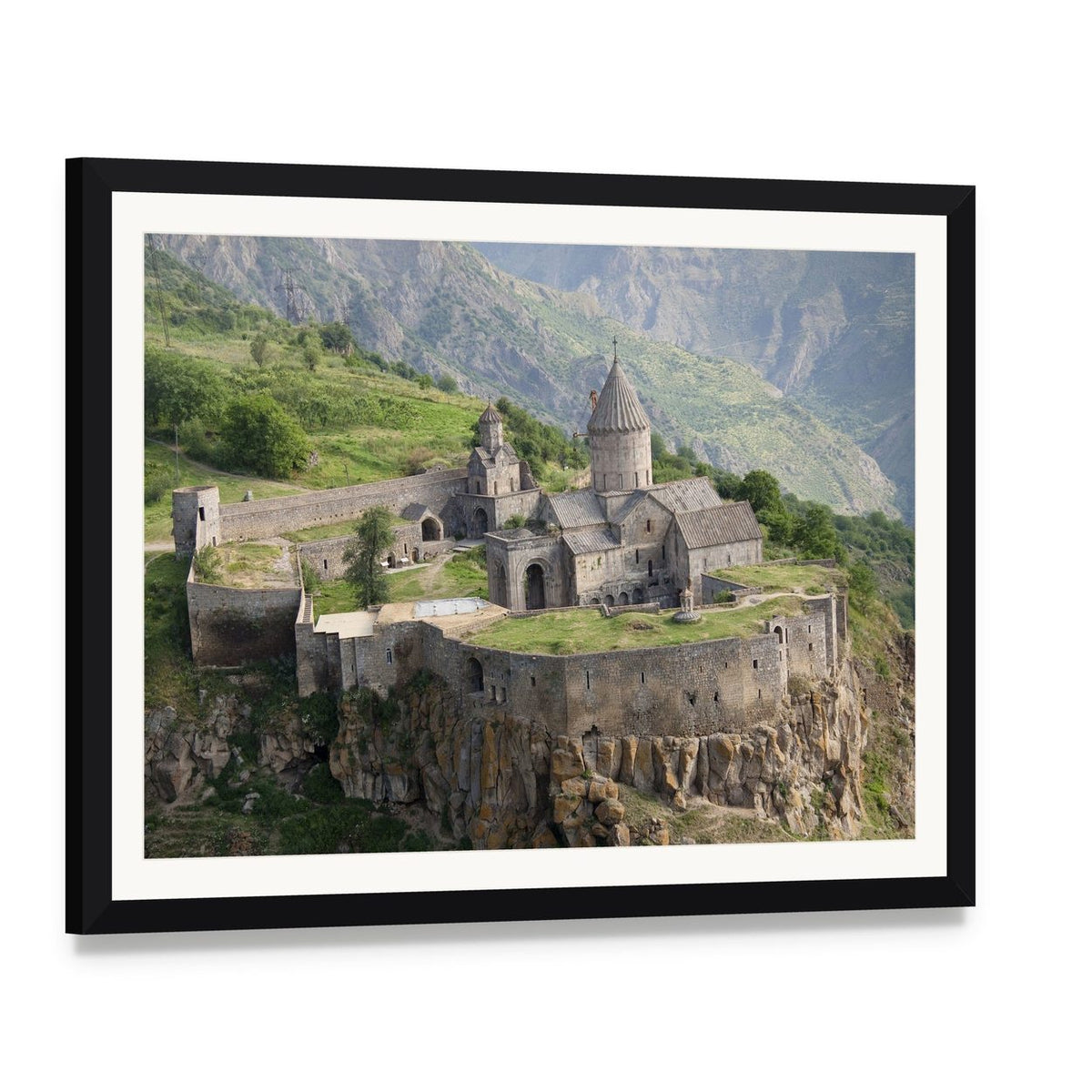 Tatev Monastery on Steep Cliffs Canvas Wall Art, framed print with white mat and black frame, angled product view