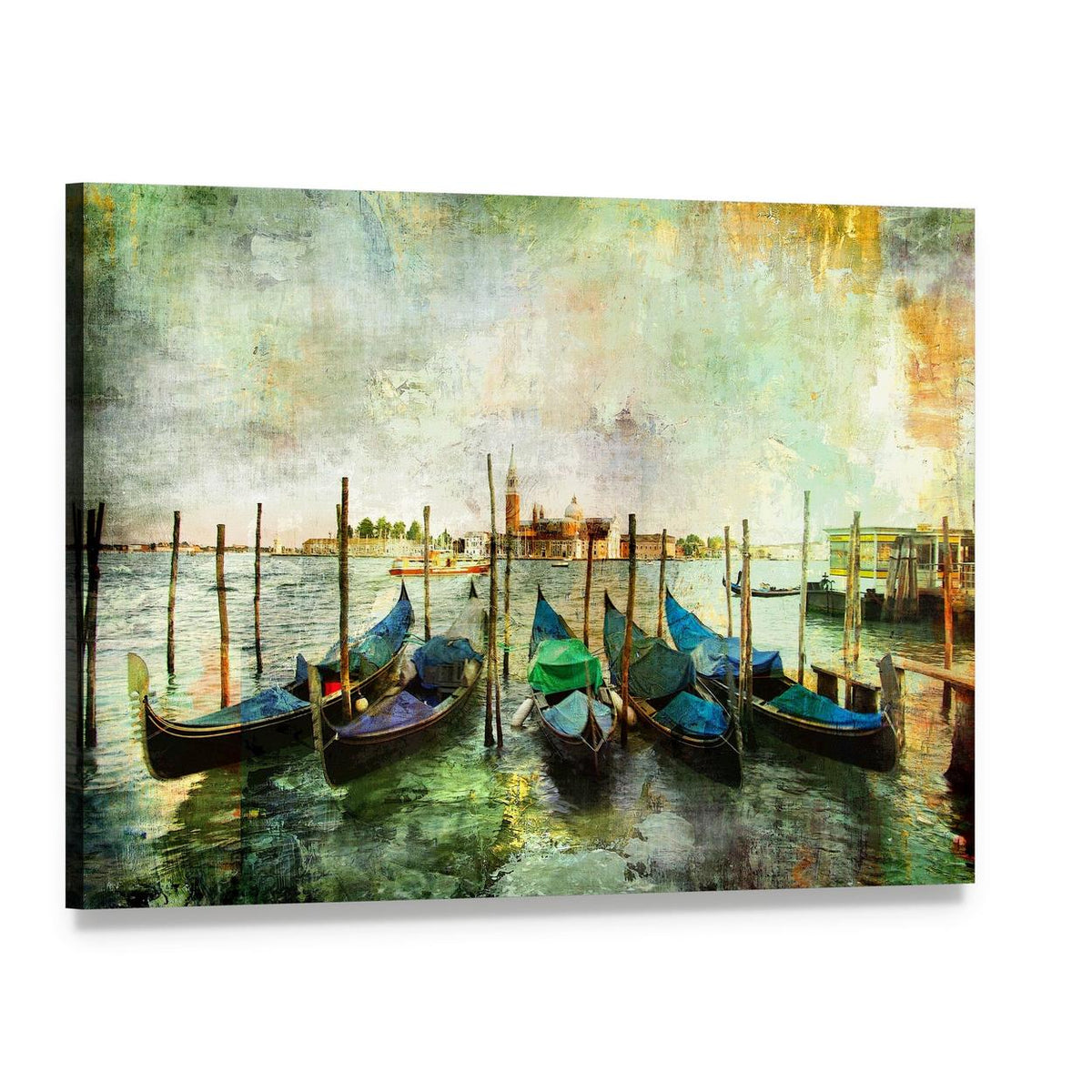Gondolas in Venice by Day Canvas Wall Art, single panel gallery wrapped canvas, angled product view