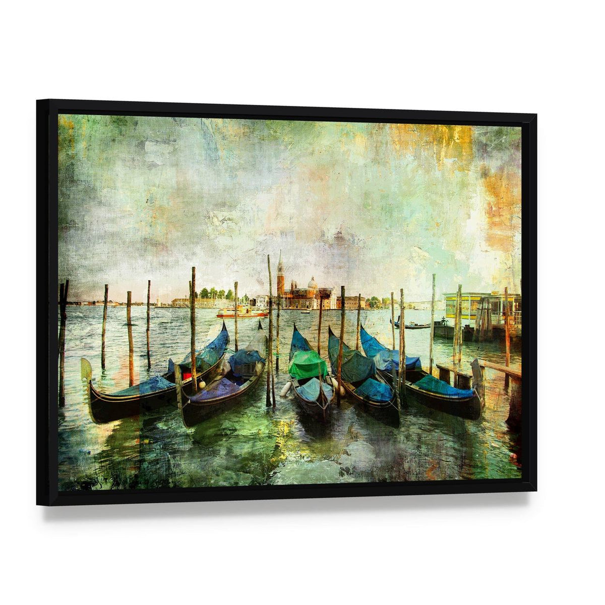 Gondolas in Venice by Day Canvas Wall Art, framed canvas in a black floater frame, angled product view