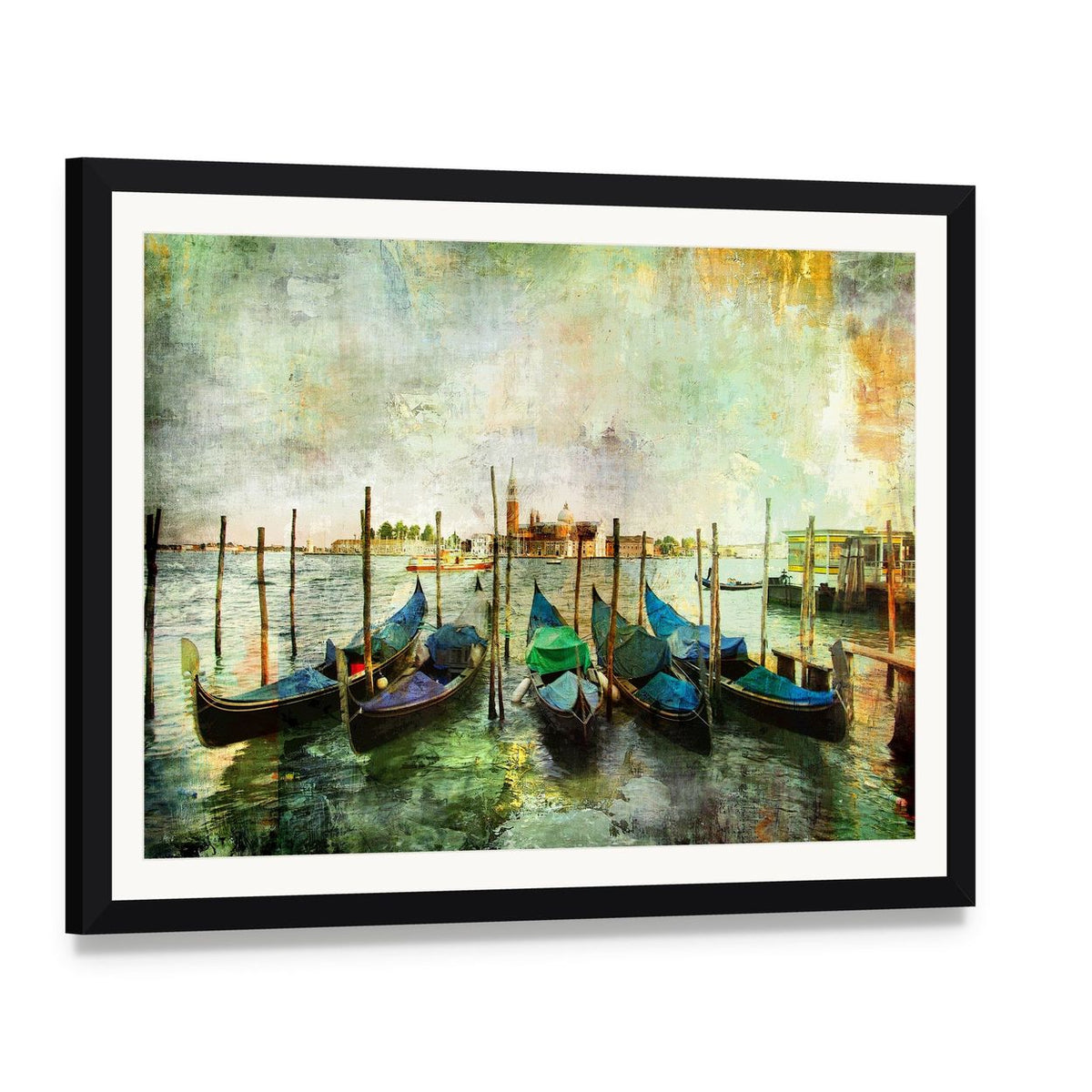 Gondolas in Venice by Day Canvas Wall Art, framed print with white mat and black frame, angled product view