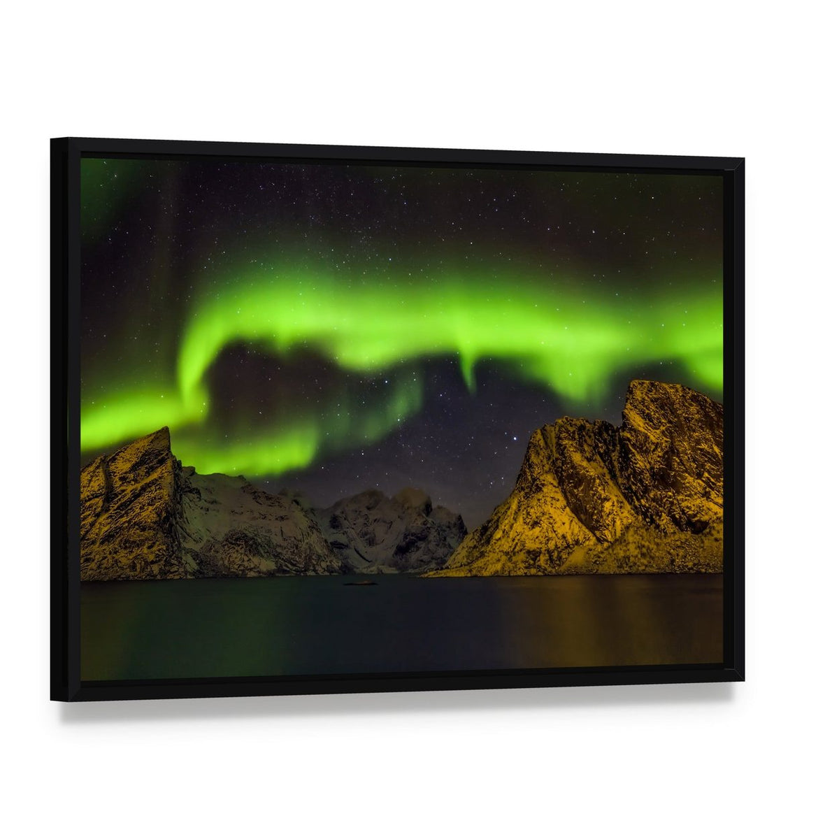 Aurora Borealis Lofoten Islands Canvas Wall Art, framed canvas in a black floater frame, angled product view