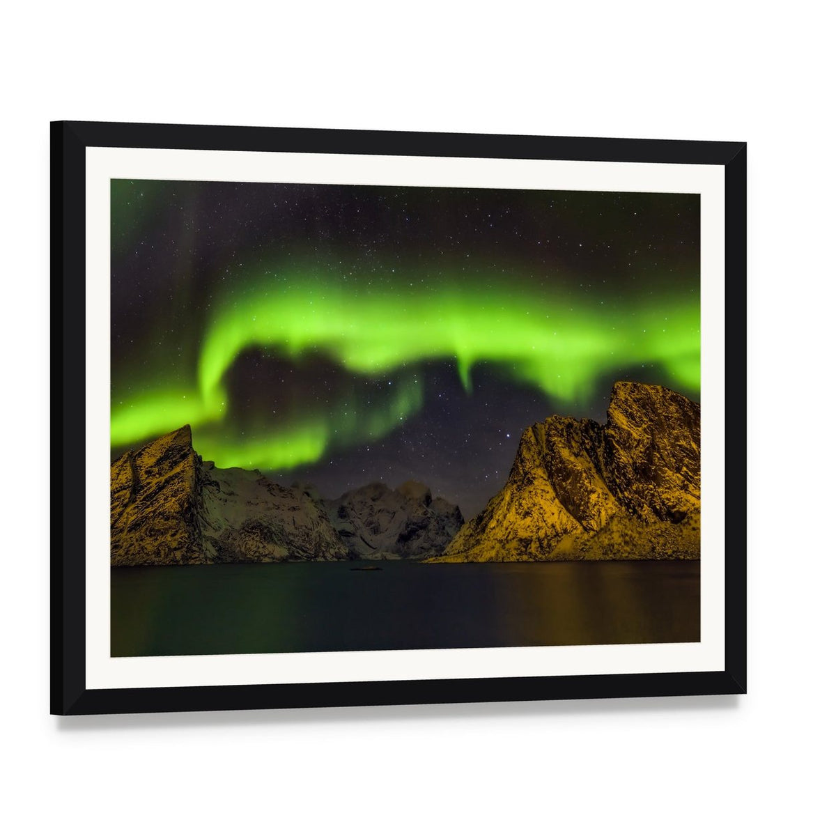 Aurora Borealis Lofoten Islands Canvas Wall Art, framed print with white mat and black frame, angled product view