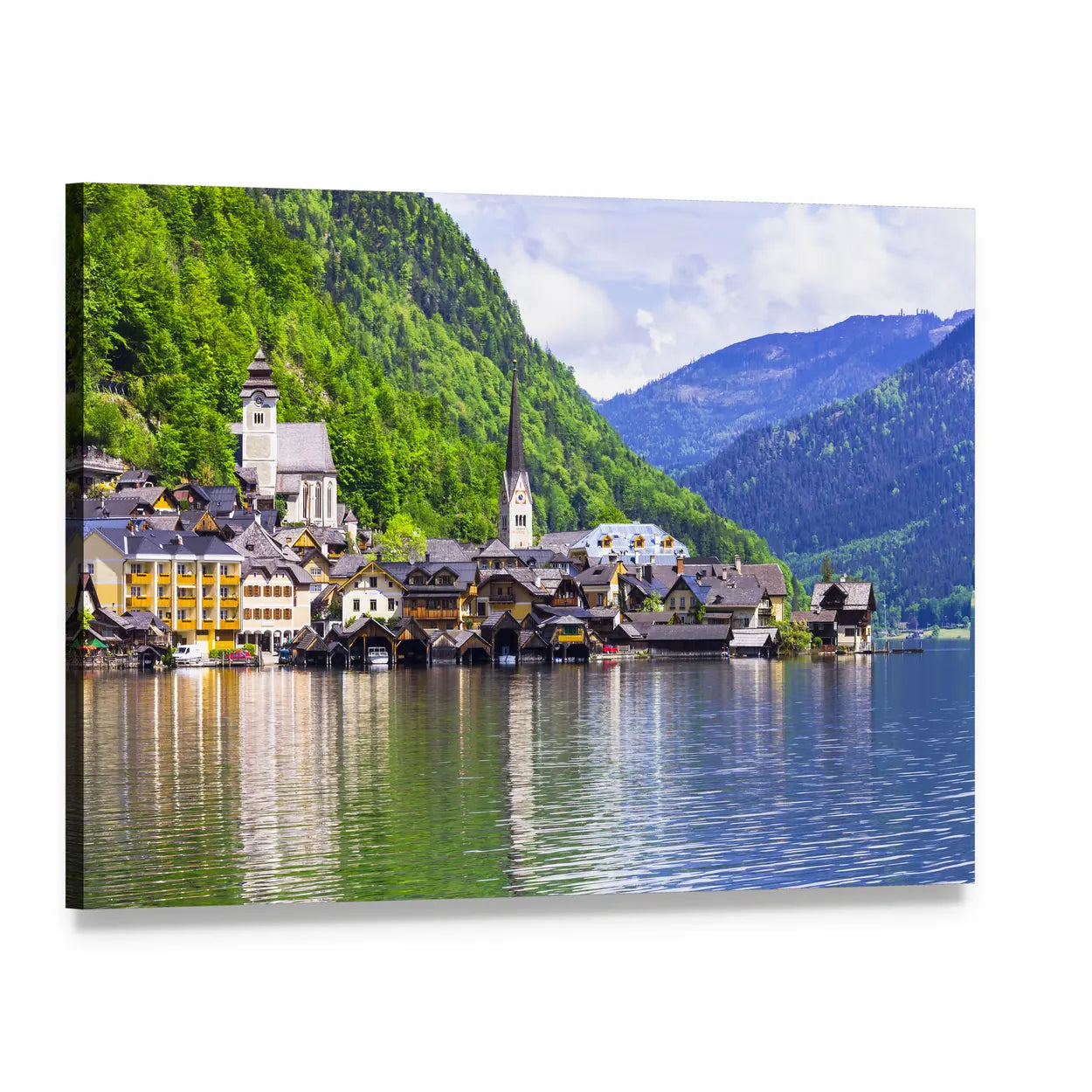 Hallstatt Lakeside Village Canvas Wall Art, single panel gallery wrapped canvas, angled product view