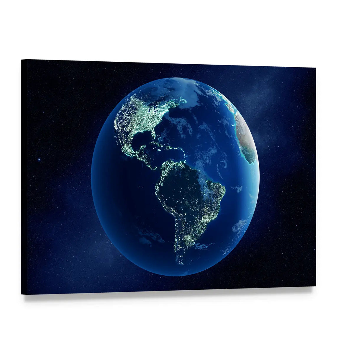 Earth from Space with City Lights Canvas Wall Art, single panel gallery wrapped canvas, angled product view