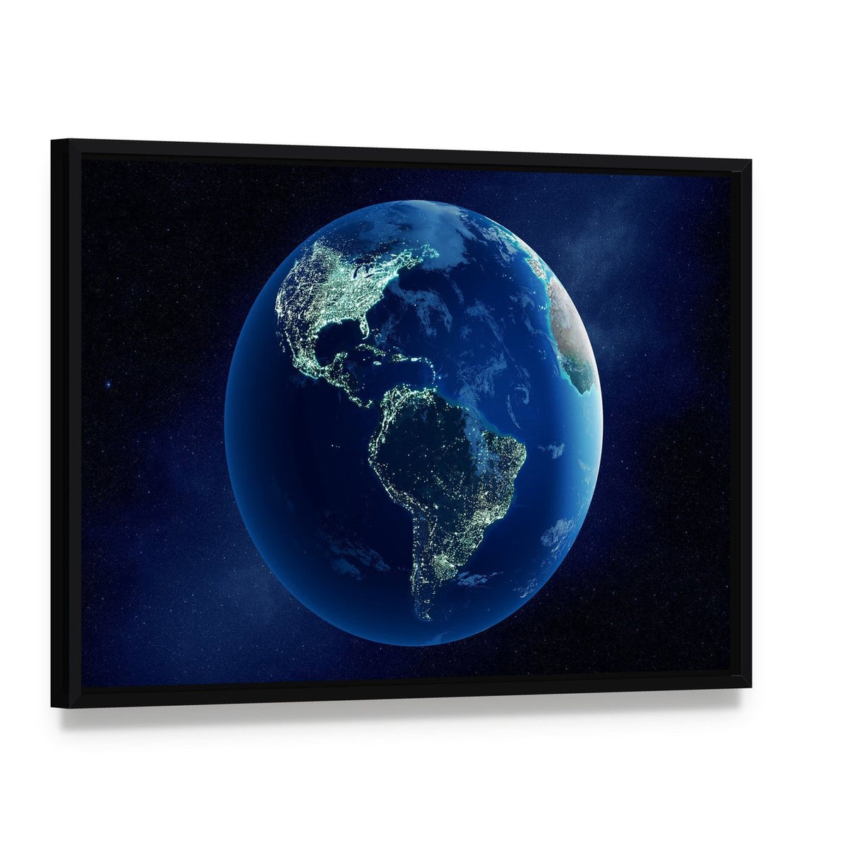 Earth with City Lights Canvas Wall Art, framed canvas in a black floater frame, angled product view