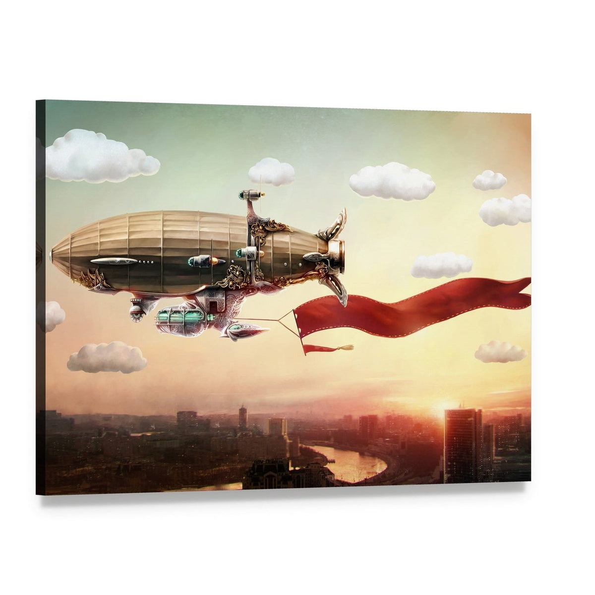 Steampunk Dirigible with Red Banner Canvas Wall Art, single panel gallery wrapped canvas, angled product view