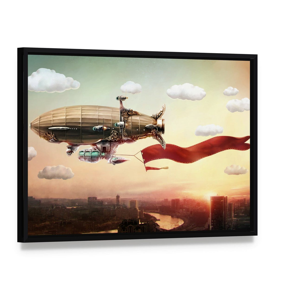 Steampunk Dirigible with Red Banner Canvas Wall Art, framed canvas in a black floater frame, angled product view