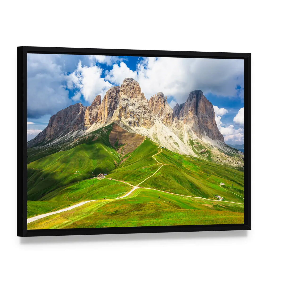Mountain Range Landscape Canvas Wall Art, framed canvas in a black floater frame, angled product view