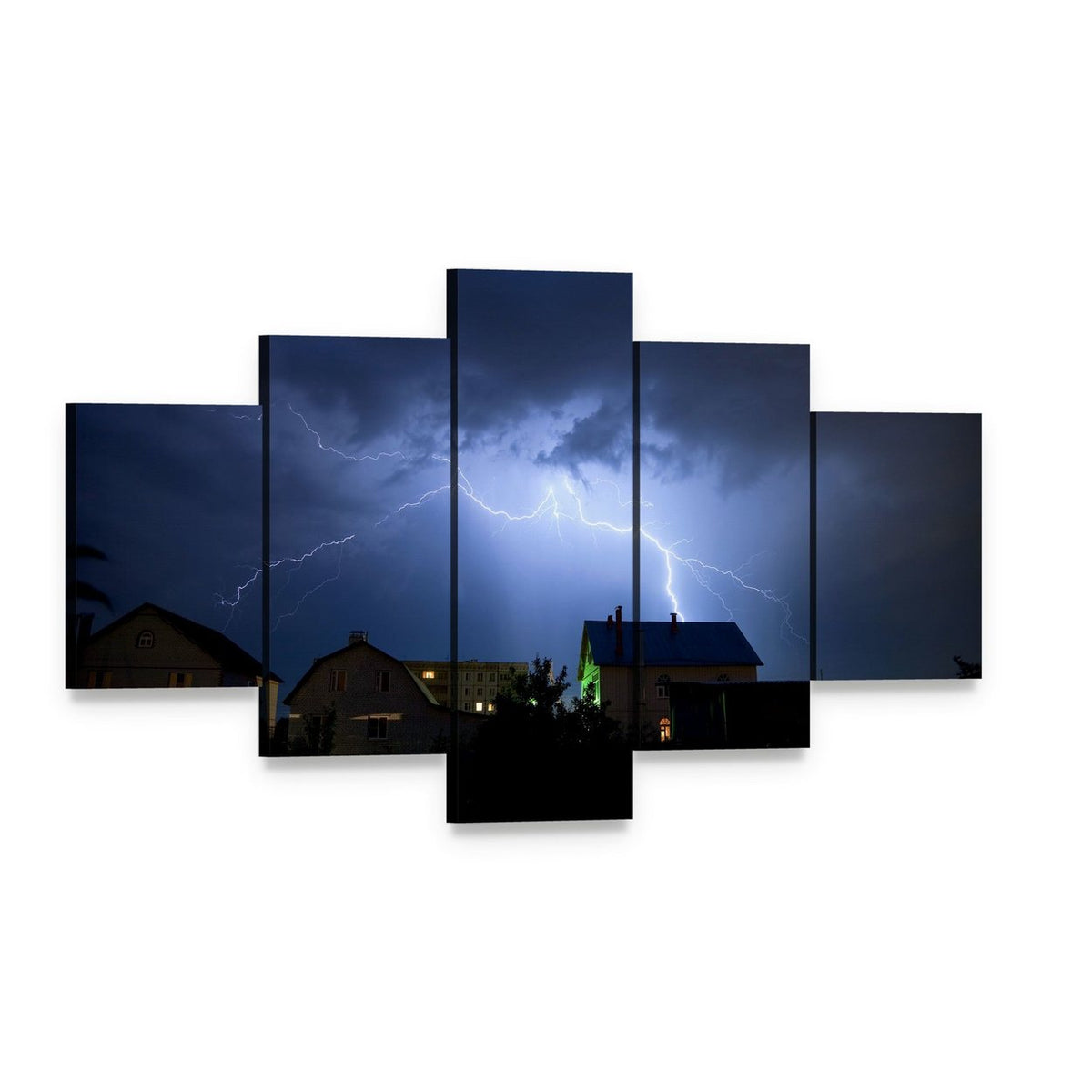 Dramatic Lightning Over Village at Night Canvas Wall Art, 5 panel 5 Star layout gallery wrapped canvas set, angled product view