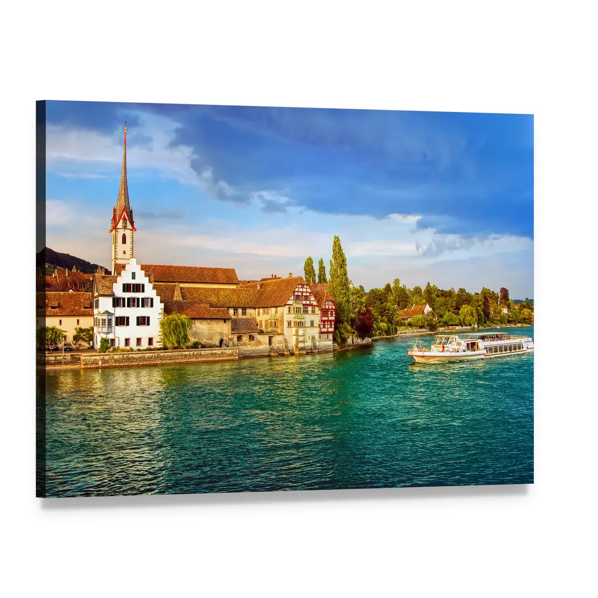 Cruise Ship on the Rhine Canvas Wall Art, single panel gallery wrapped canvas, angled product view
