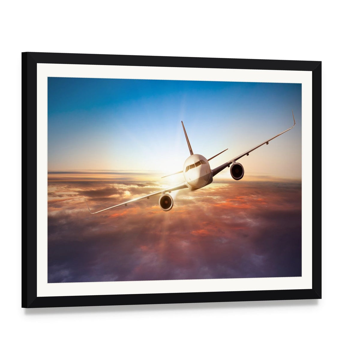 Commercial Airplane Canvas Wall Art, framed print with white mat and black frame, angled product view