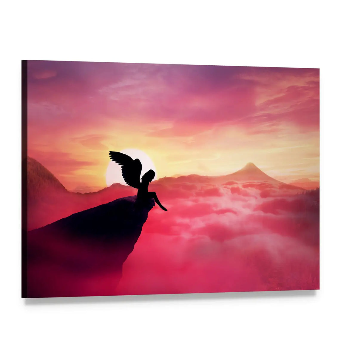 Winged Silhouette on Cliff at Sunrise Panoramic Canvas Wall Art, single panel gallery wrapped canvas, angled product view