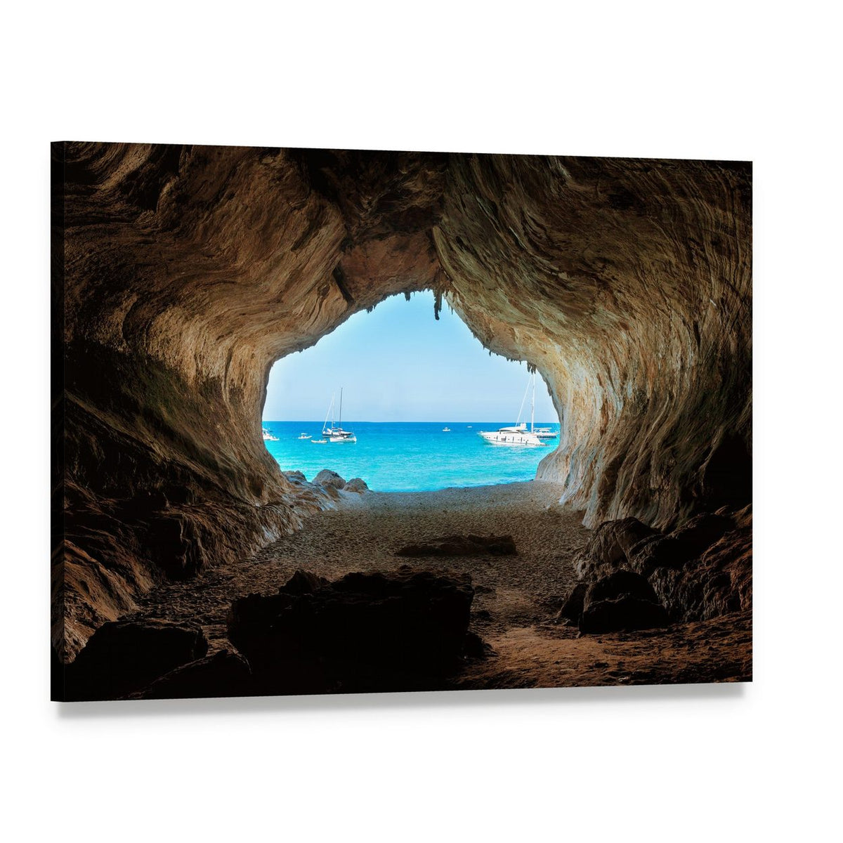 Cave View of Blue Sea and Sandy Beach Canvas Wall Art, single panel gallery wrapped canvas, angled product view