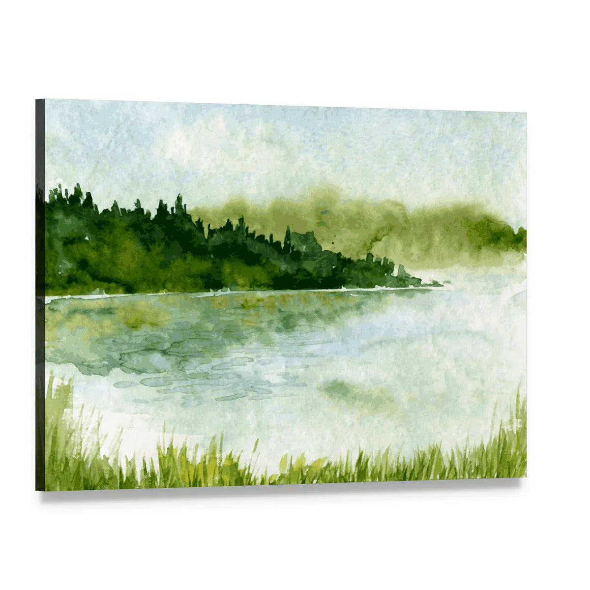 Watercolor River and Spruce Forest Canvas Wall Art, single panel gallery wrapped canvas, angled product view