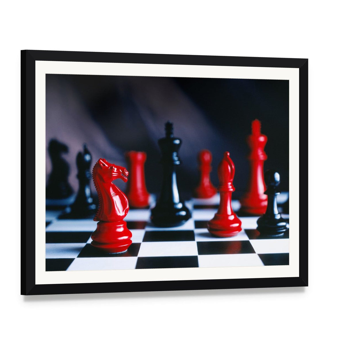 Red and Black Chess Pieces and Board Canvas Wall Art, framed print with white mat and black frame, angled product view