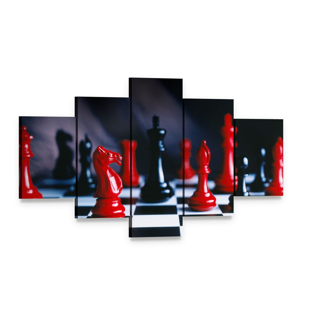 Red and Black Chess Pieces and Board Canvas Wall Art, 5 panel 5 Star layout gallery wrapped canvas set, angled product view