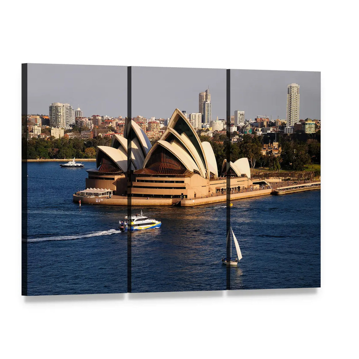 Sydney Opera House and City Skyline Canvas Wall Art, 3 panel 3 Horizontal layout gallery wrapped canvas set, angled product view