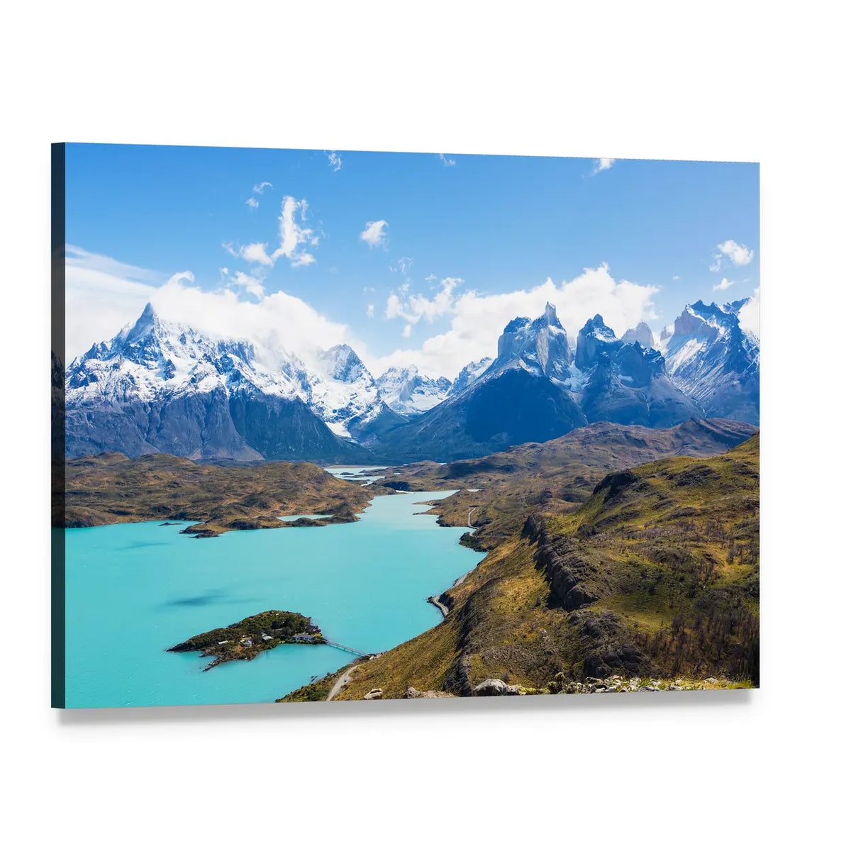 Cuernos Del Paine Lake and Peaks Canvas Wall Art, single panel gallery wrapped canvas, angled product view