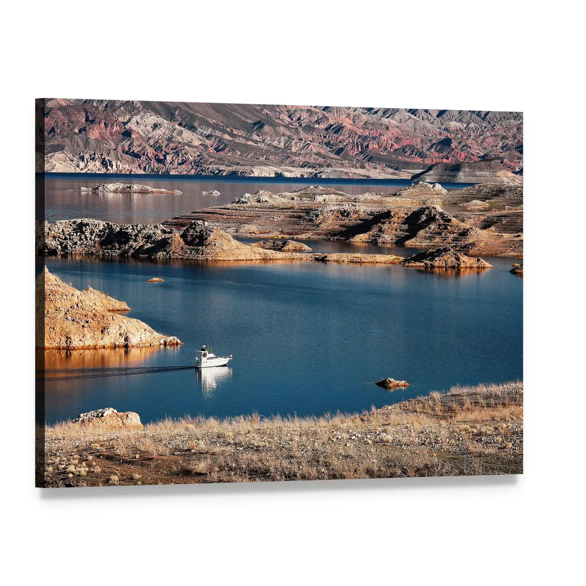 Lake Mead Shoreline with Boat and Islands Canvas Wall Art, single panel gallery wrapped canvas, angled product view