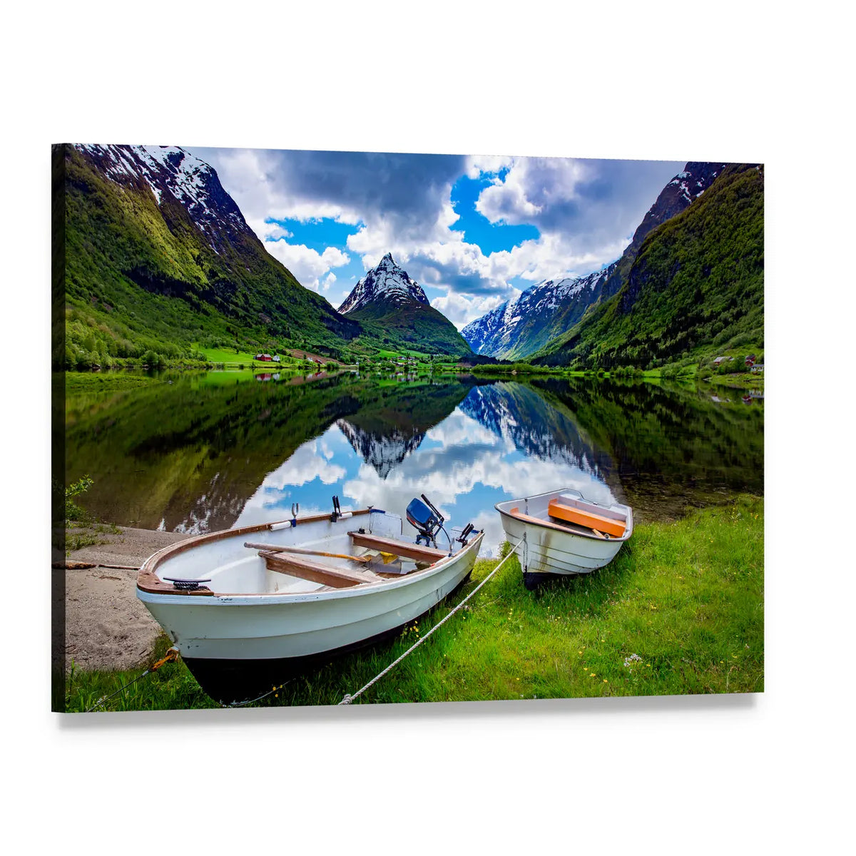 Norway Mountain Lake Reflections Canvas Wall Art, single panel gallery wrapped canvas, angled product view
