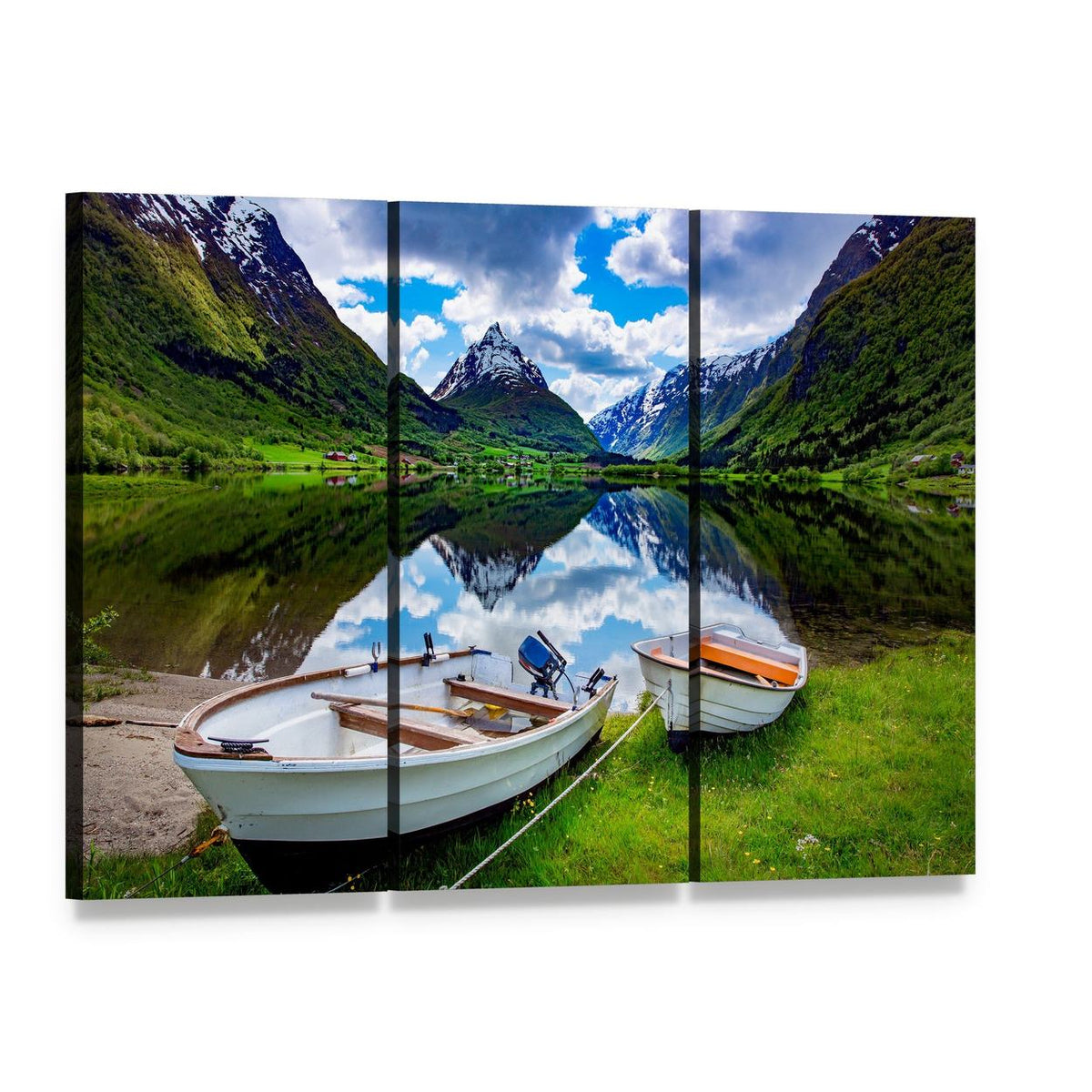 Norway Lake with Snow-capped Mountains Canvas Wall Art, 3 panel 3 Horizontal layout gallery wrapped canvas set, angled product view