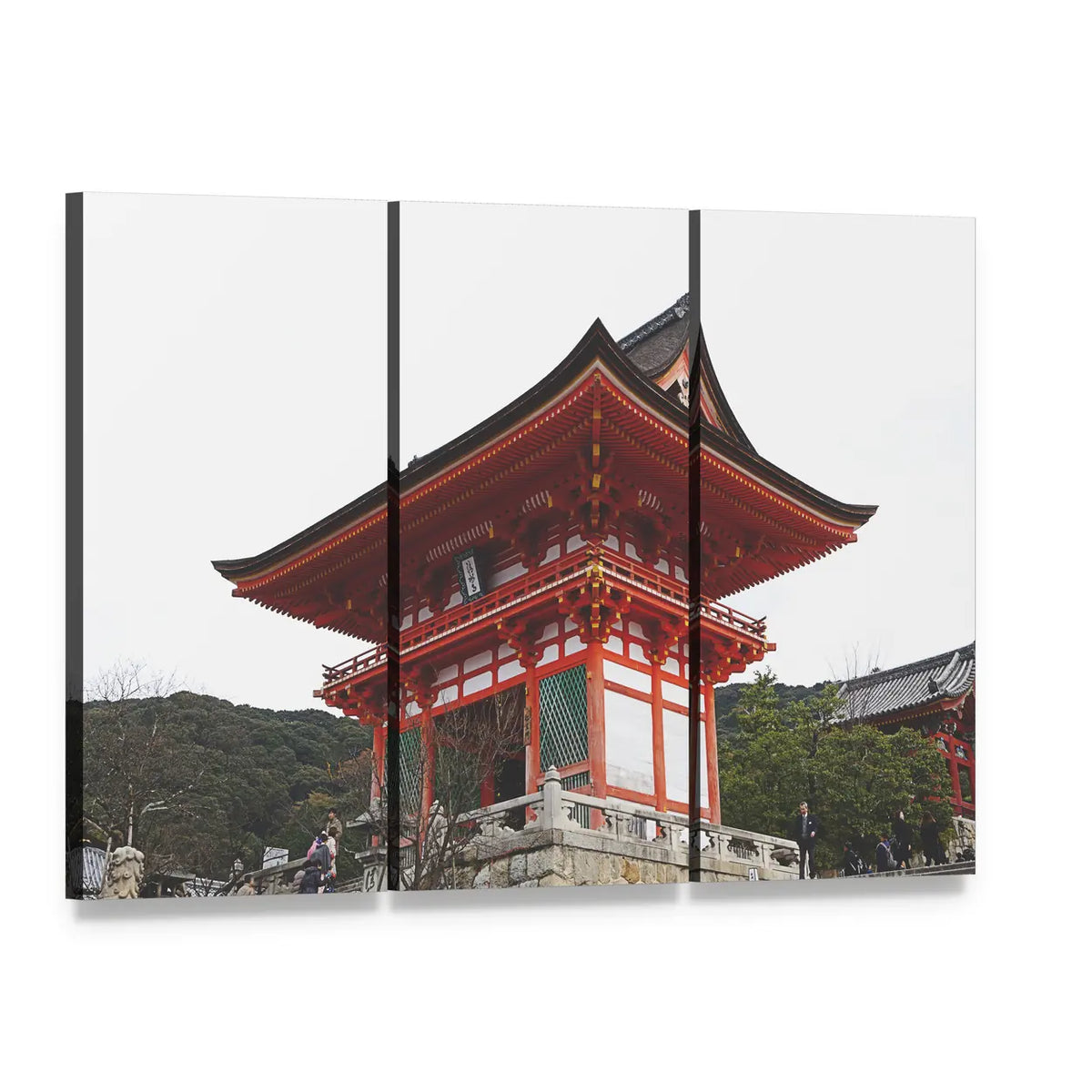 Kiyomizu Temple Street Scene Canvas Wall Art, 3 panel 3 Horizontal layout gallery wrapped canvas set, angled product view
