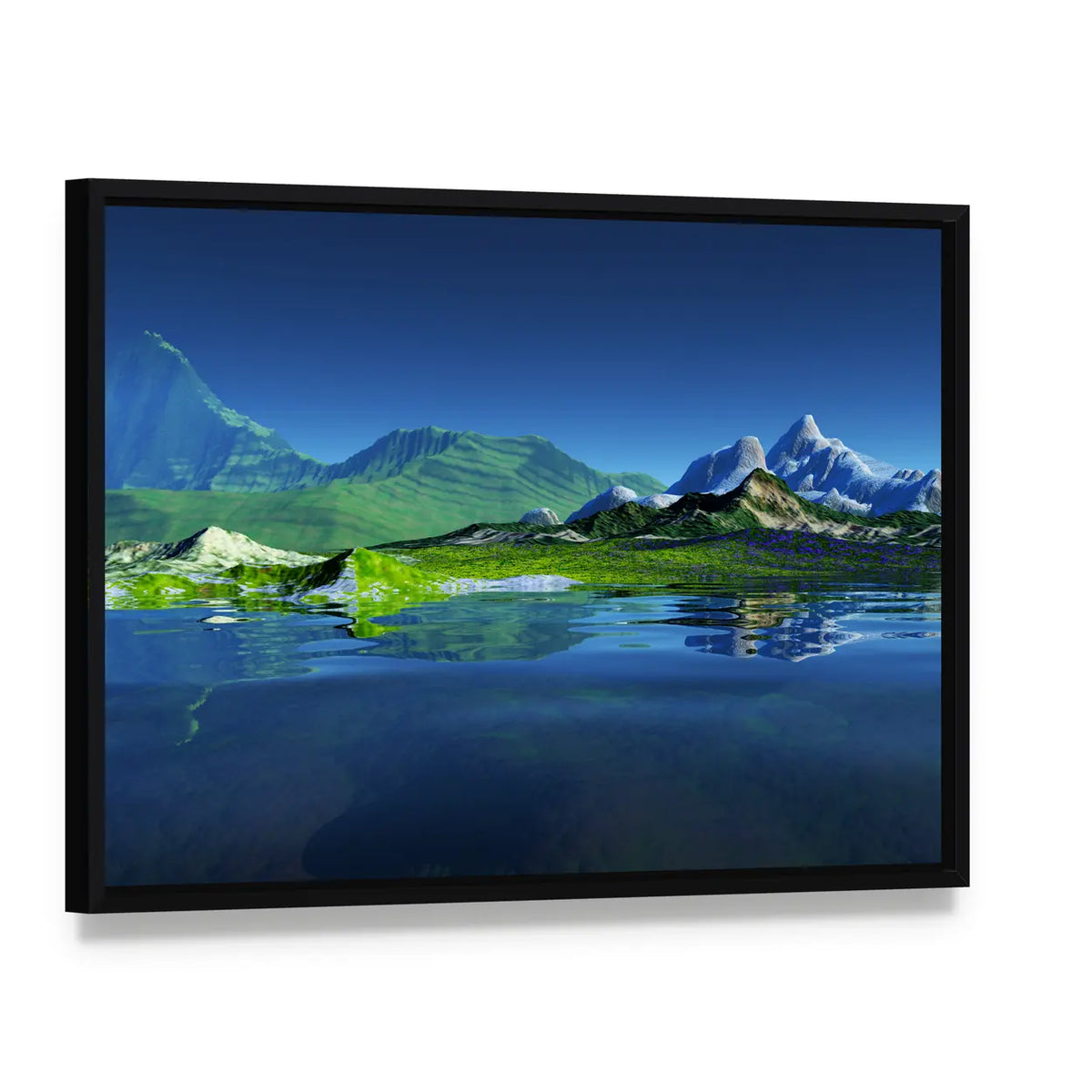 Serene Mountain Lake Reflection Canvas Wall Art, framed canvas in a black floater frame, angled product view