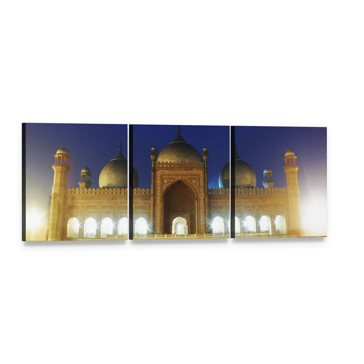 Badshahi Mosque Lahore at Night Panoramic Canvas Wall Art, 3 panel 3 Piece layout gallery wrapped canvas set, angled product view
