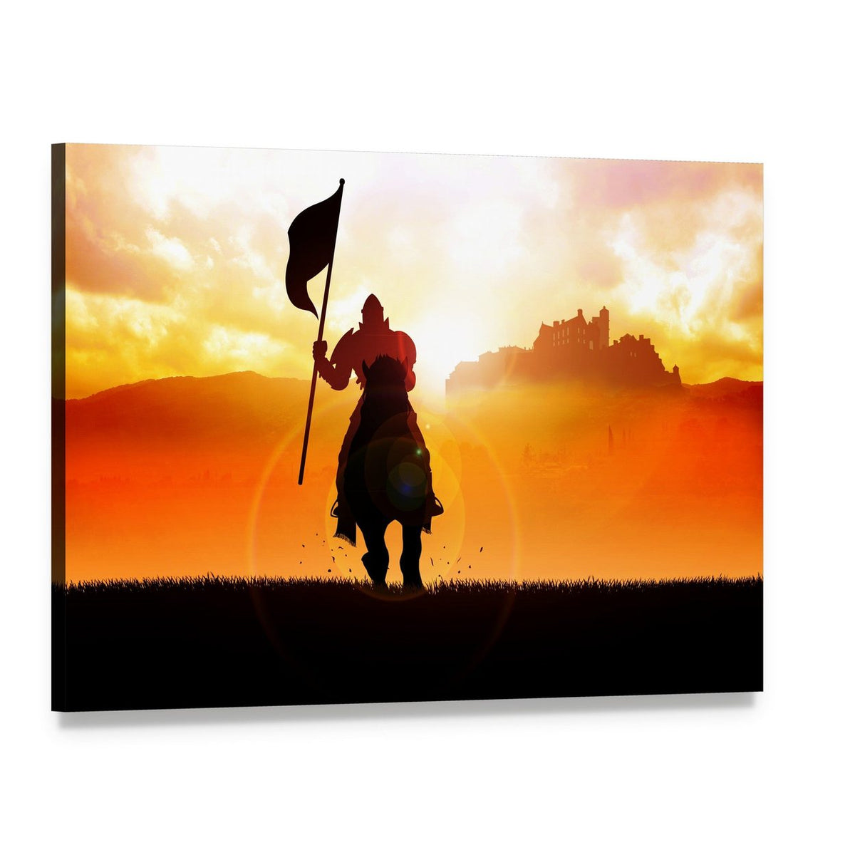 Medieval Knight on Horse Canvas Wall Art, single panel gallery wrapped canvas, angled product view