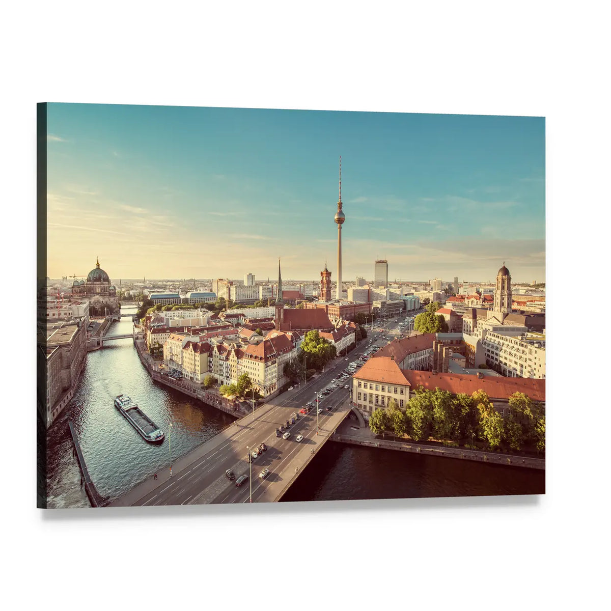 Berlin Tv Tower and Spree River Canvas Wall Art, single panel gallery wrapped canvas, angled product view