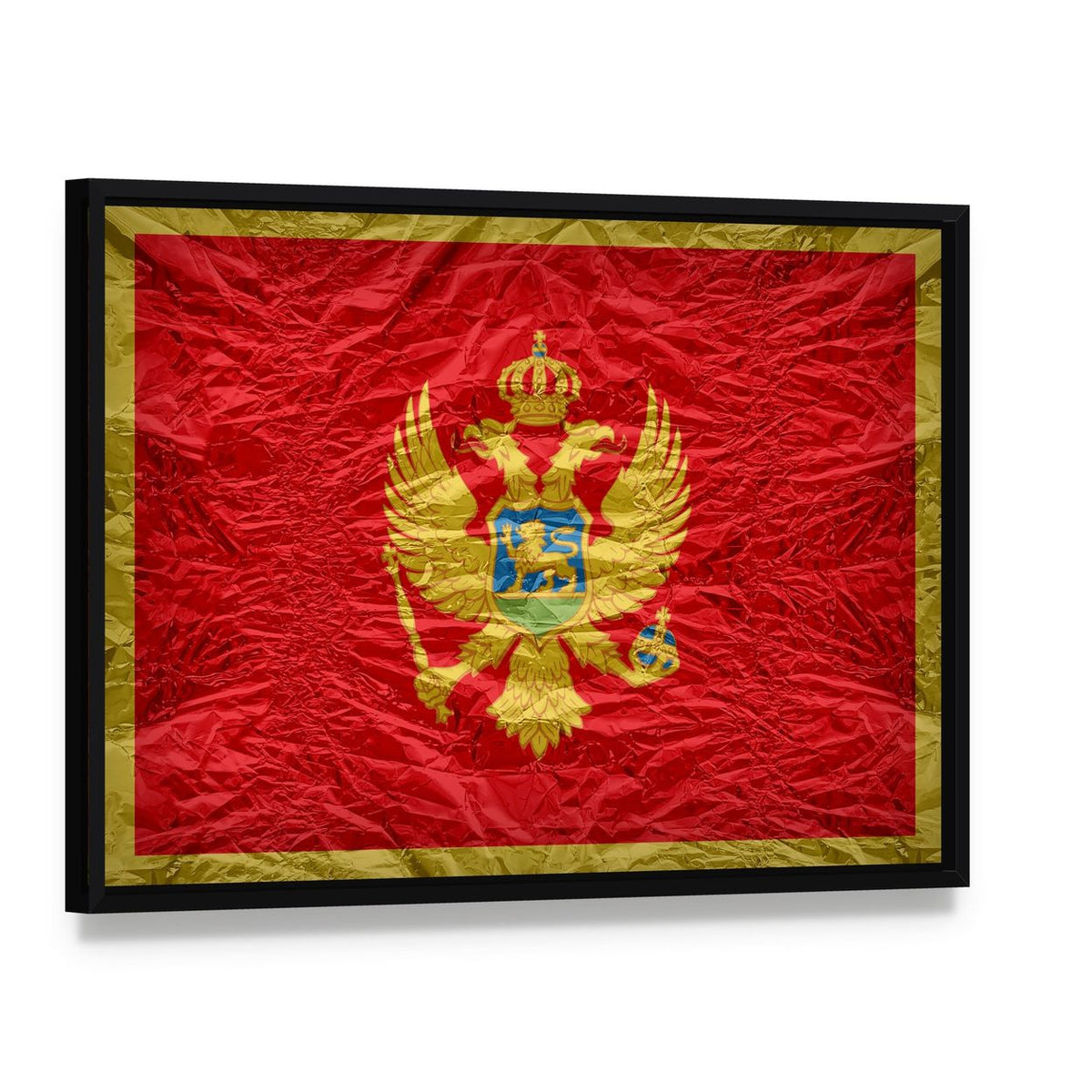 Montenegro Flag with Gold Coat of Arms Canvas Wall Art, framed canvas in a black floater frame, angled product view