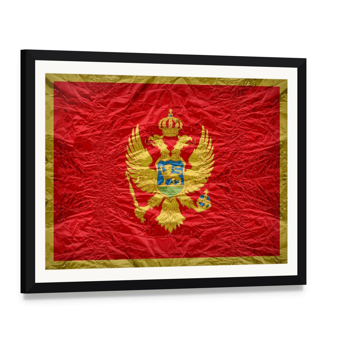 Montenegro Flag with Gold Coat of Arms Canvas Wall Art, framed print with white mat and black frame, angled product view