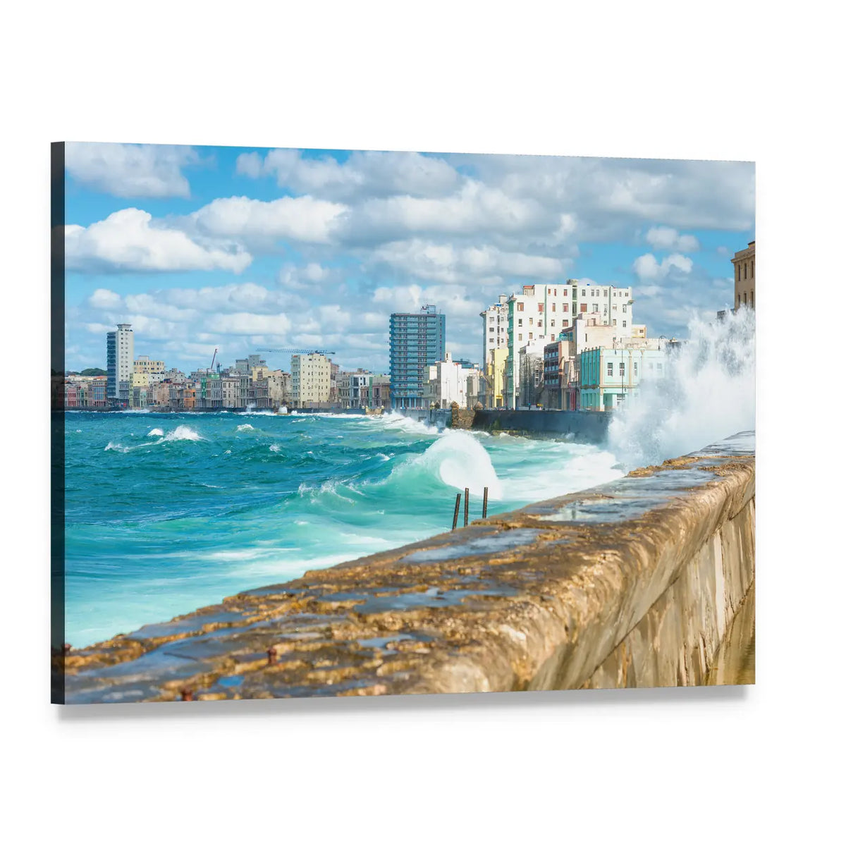 Ocean Waves Crashing on Seawall with City Skyline Canvas Wall Art, single panel gallery wrapped canvas, angled product view
