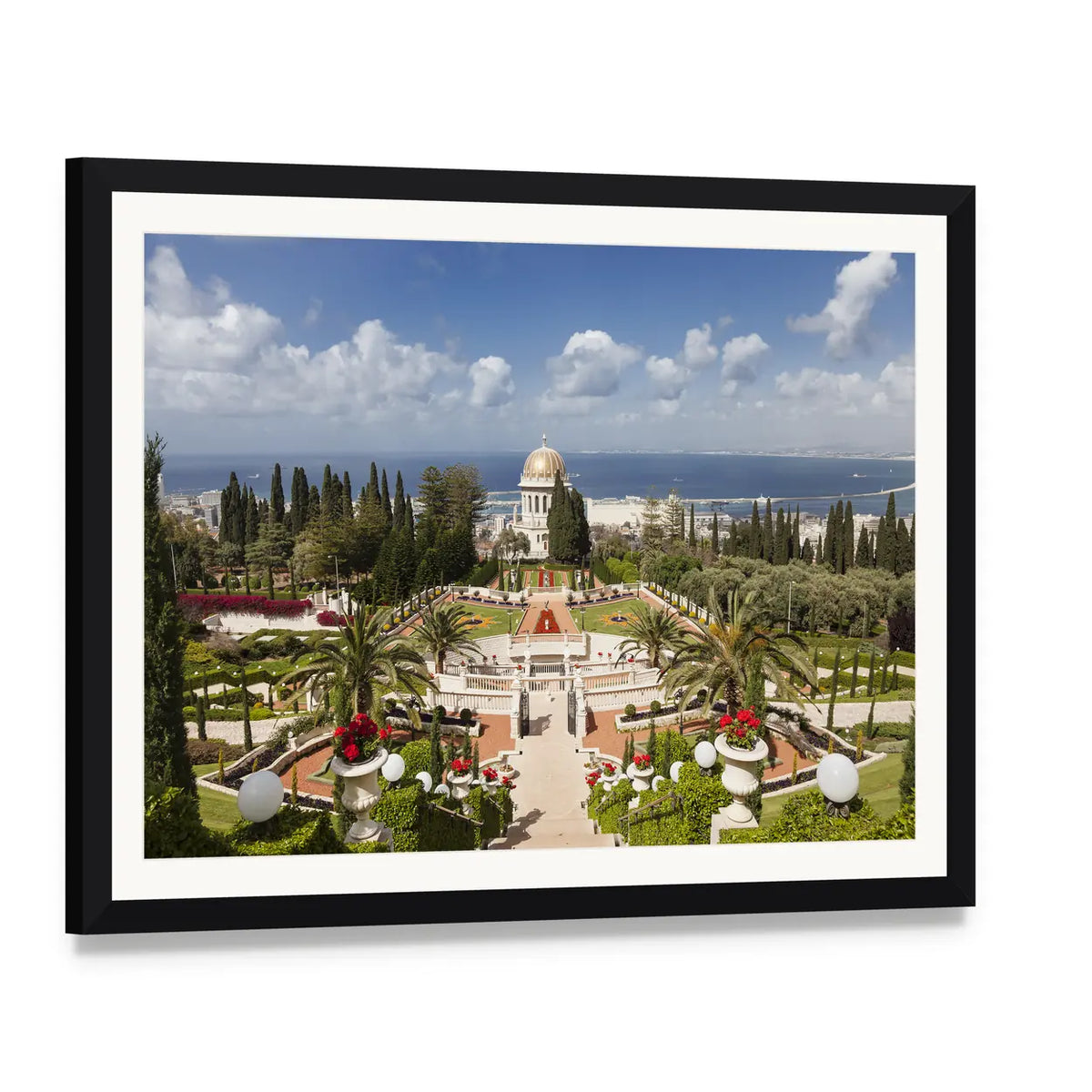 Bahai Garden, Israel Canvas Wall Art, framed print with white mat and black frame, angled product view