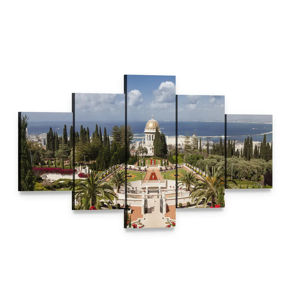 Bahai Garden, Israel Canvas Wall Art, 5 panel 5 Star layout gallery wrapped canvas set, angled product view