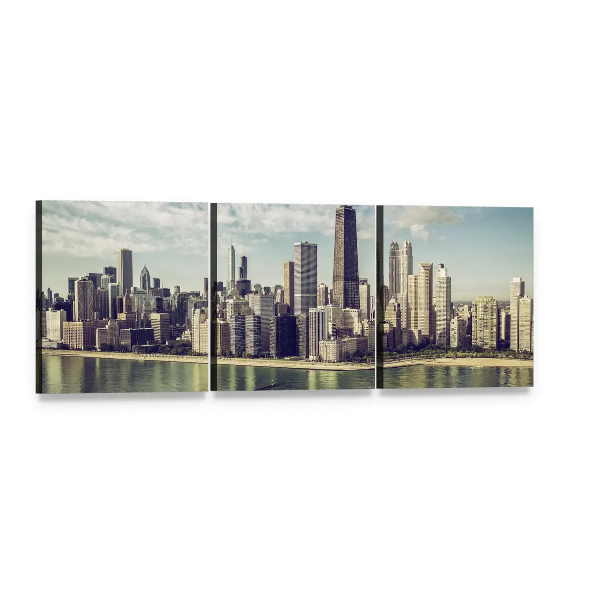Chicago Skyline with John Hancock Center Panoramic Canvas Wall Art, 3 panel 3 Piece layout gallery wrapped canvas set, angled product view
